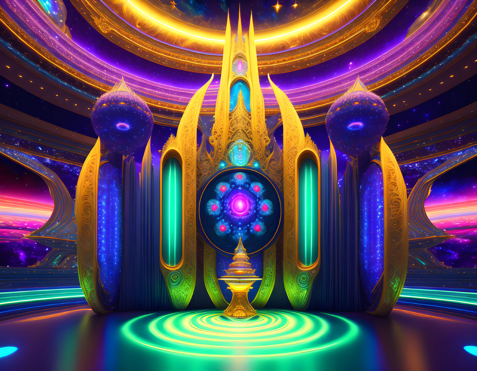 Futuristic glowing structure with symmetrical spires amid cosmic patterns