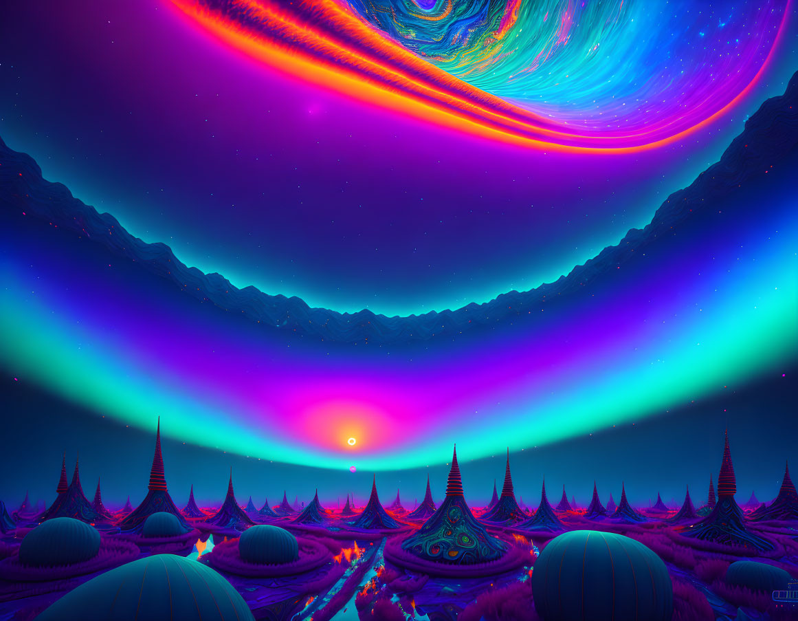 Colorful digital landscape with swirling sky, mountains, fantasy structures, and glowing sun