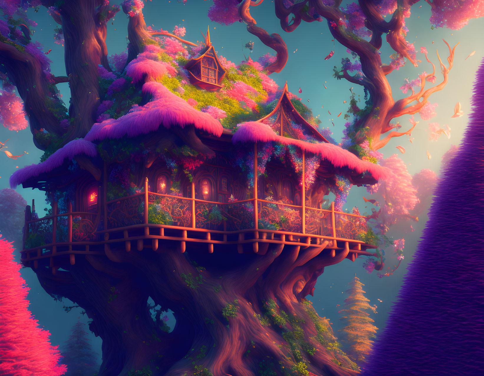 Glowing windows treehouse nestled in pink foliage under mystical purple sky