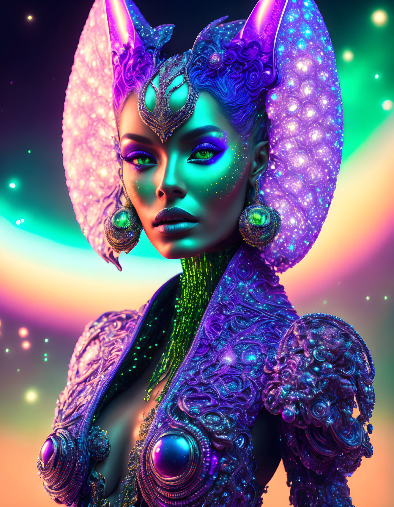 Fantasy female character portrait with ornate headdress and detailed costume.