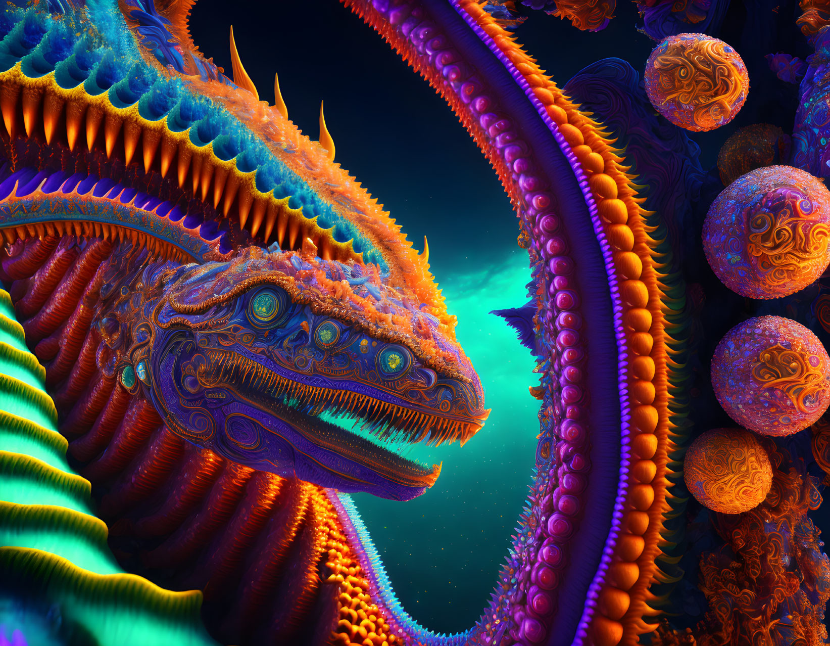 Colorful surreal artwork: dragon-like creature with intricate patterns and textures, surrounded by orbs on blue backdrop