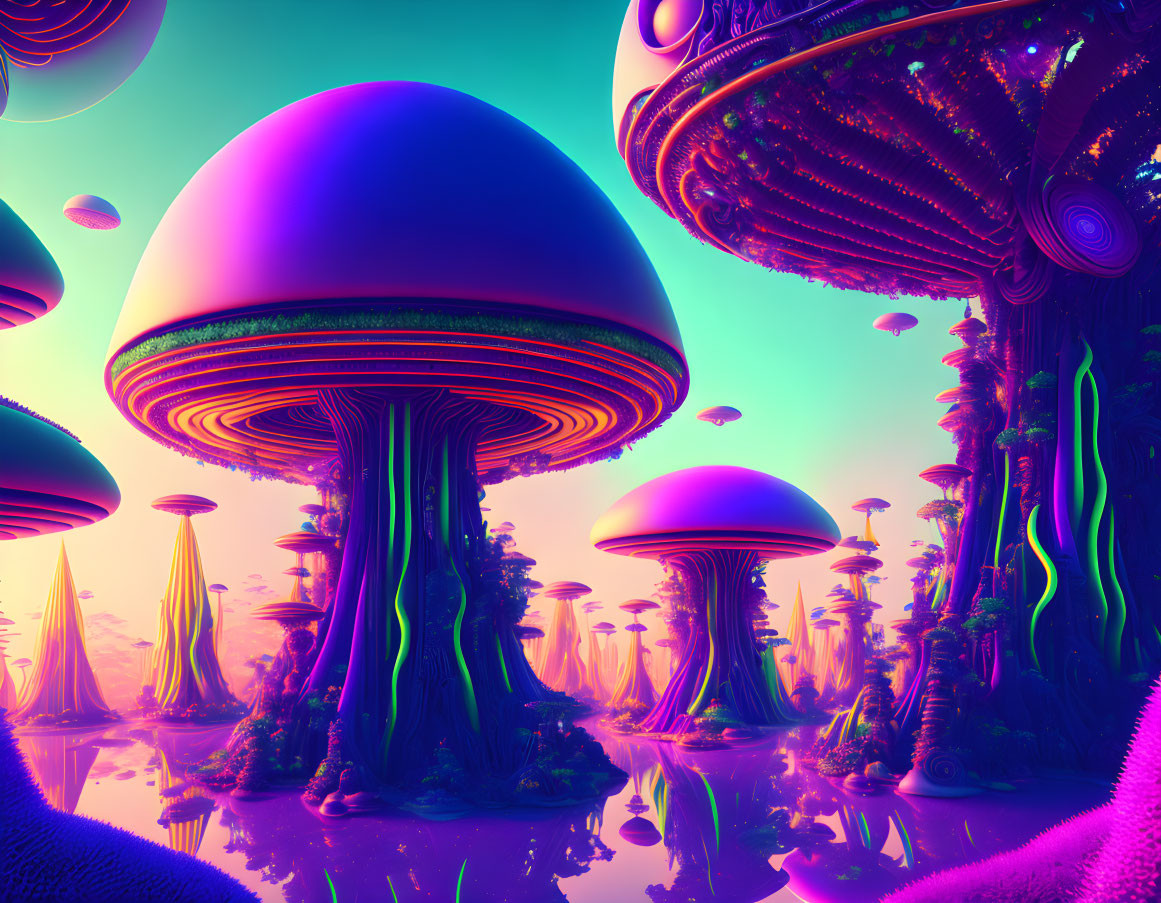 Colorful alien landscape with mushroom-like structures and neon hues reflected in water