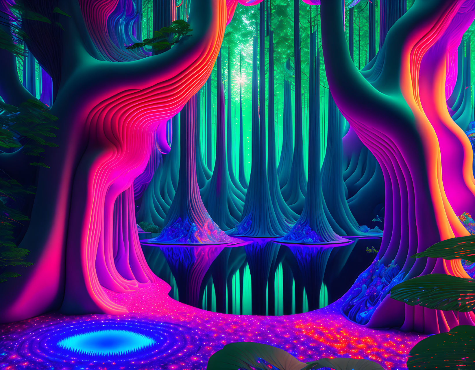 Fantasy forest with neon-pink trees, blue pond, star-like ground, purple sky