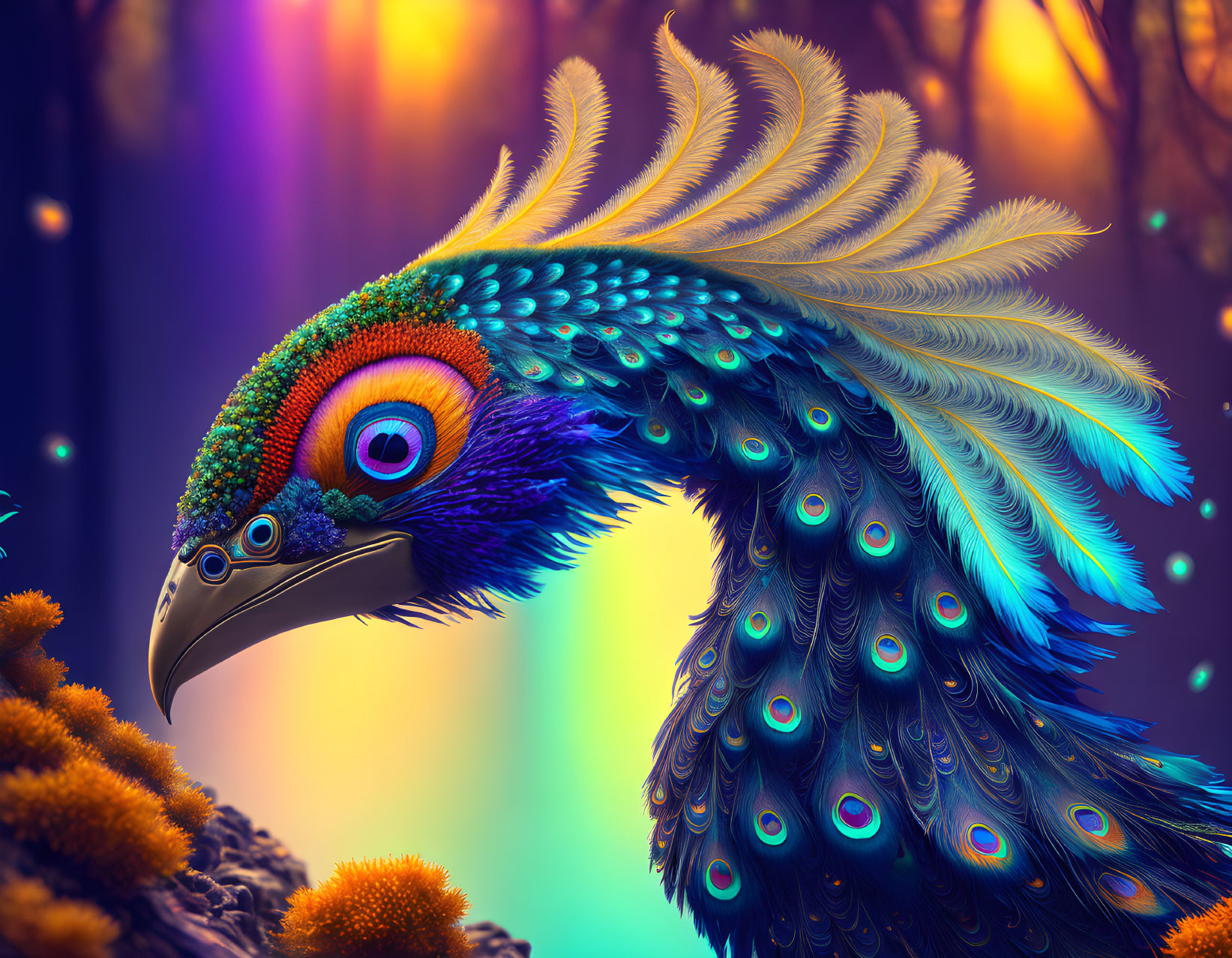 Colorful Peacock Digital Art in Surreal Forest Setting