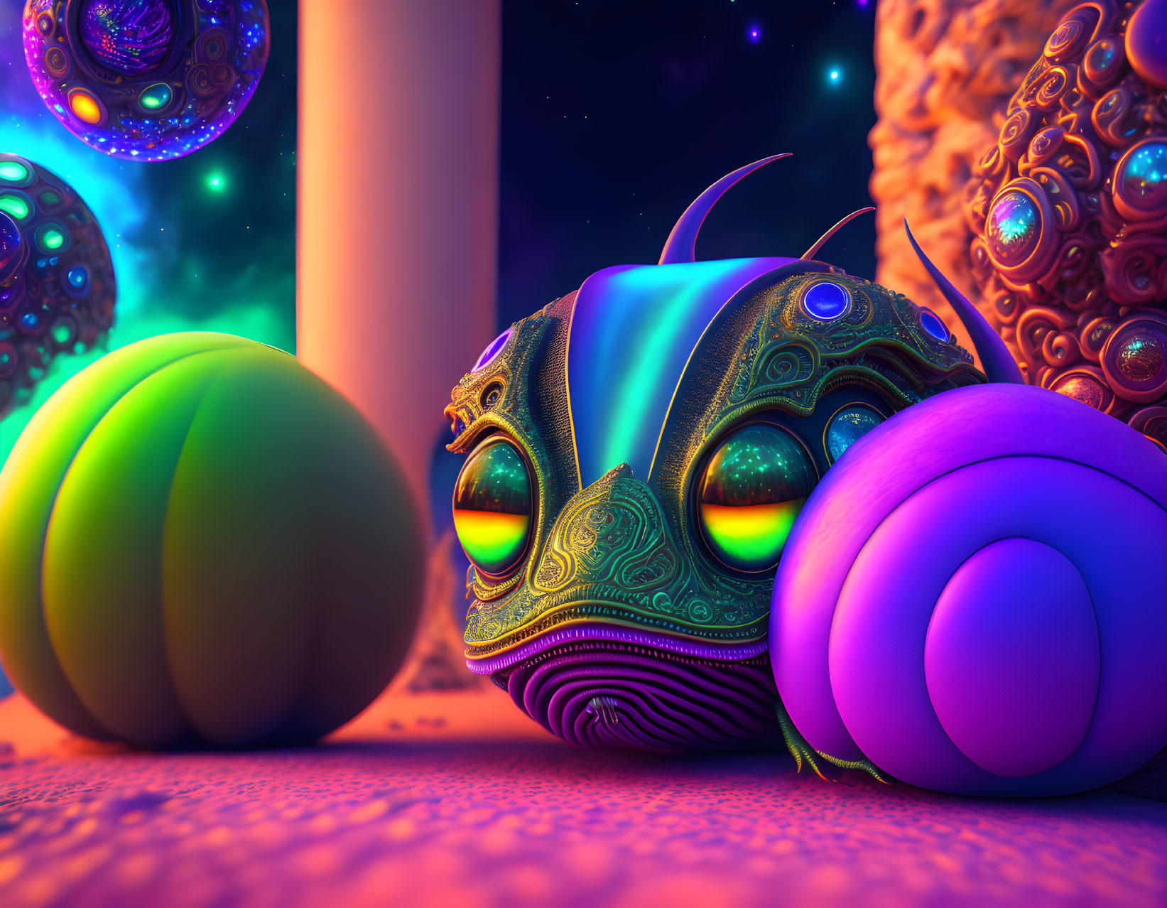 Colorful 3D render of alien landscape with mask-like objects