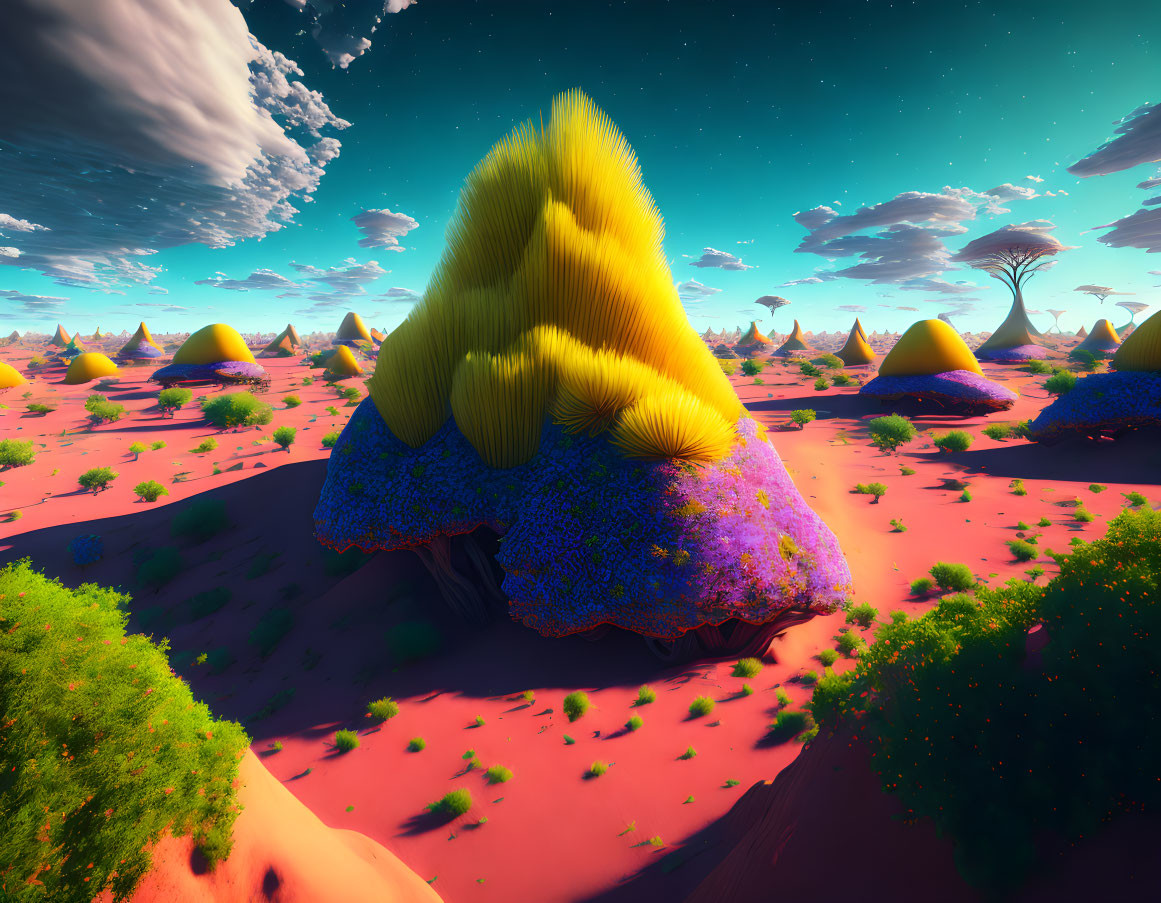 Colorful alien landscape with golden trees, blue formations, and red terrain