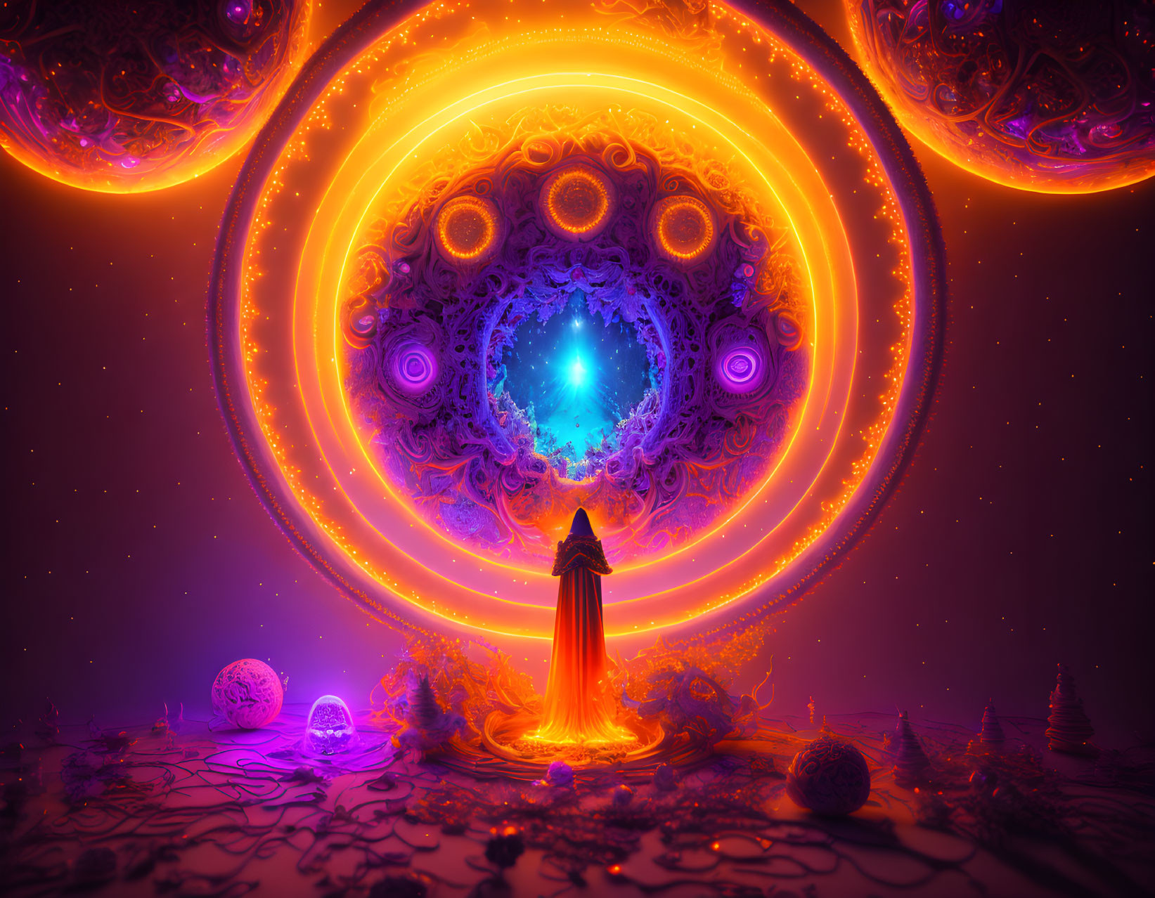 Cloaked figure in front of cosmic portal with orange and purple swirls