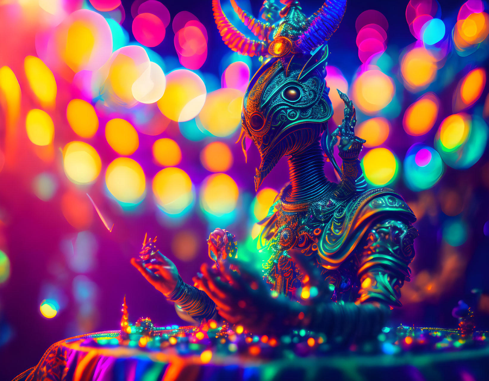 Colorful Metallic Hindu Deity Statue with Multiple Arms and Ethereal Bokeh Light Effects