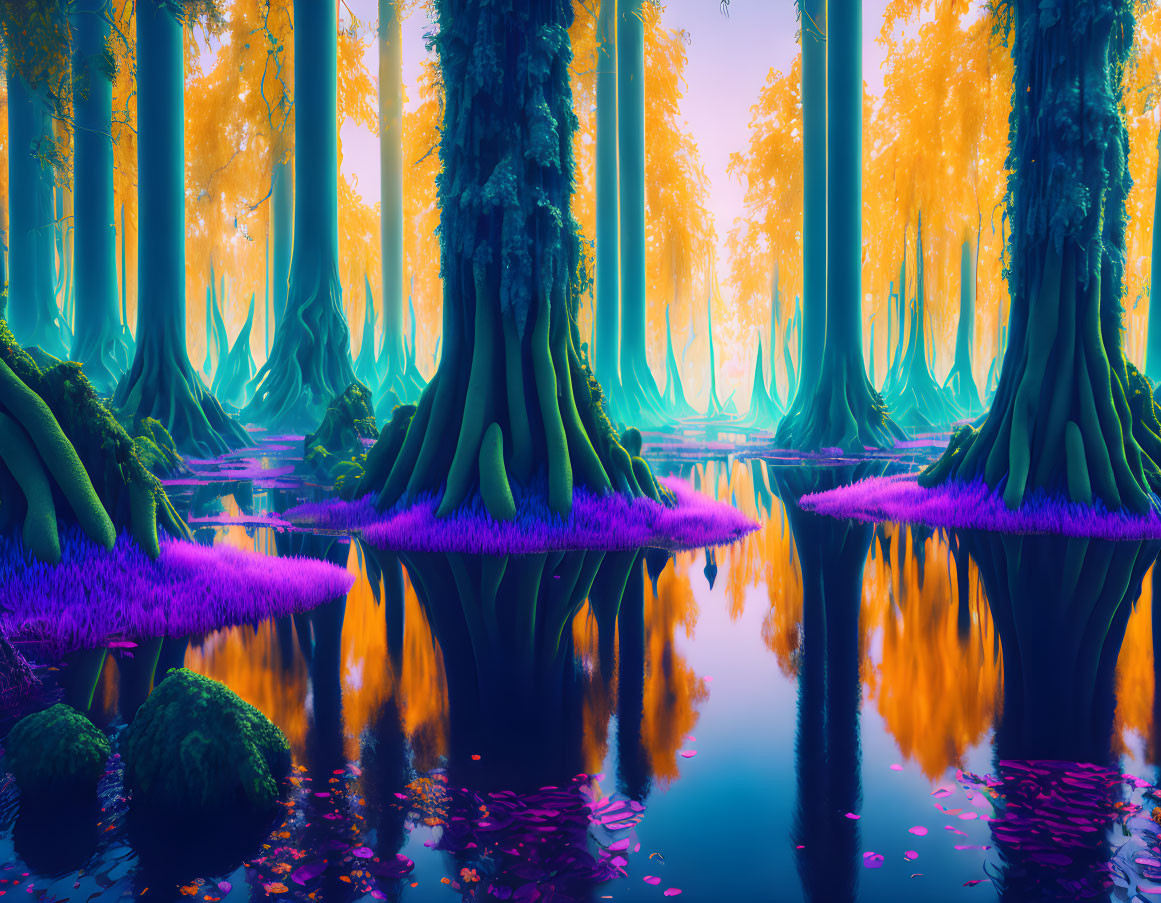 Vivid surreal landscape with towering trees and purple foliage