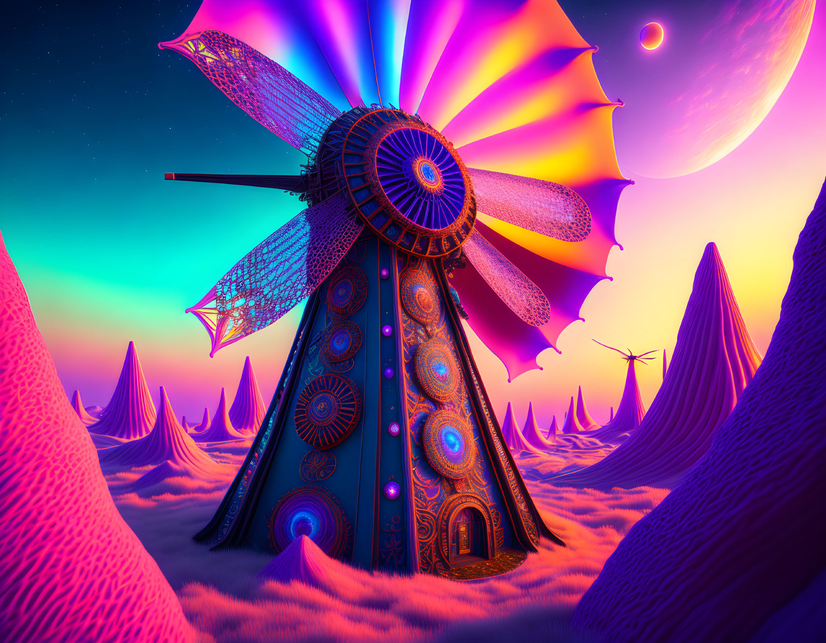 Colorful Psychedelic Landscape with Ornate Windmill and Alien Structures