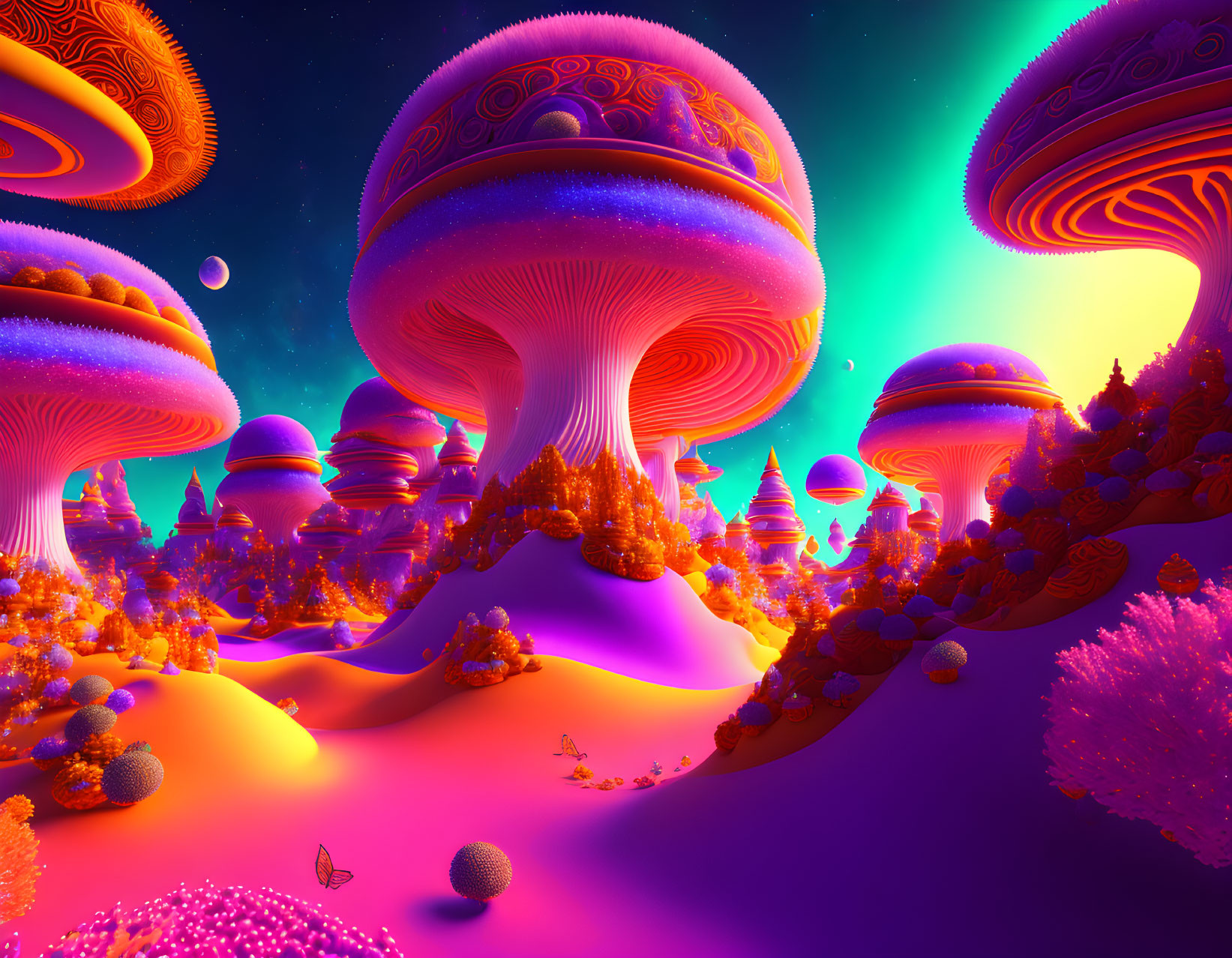 Fantastical landscape with neon mushrooms, glowing flora, surreal sky