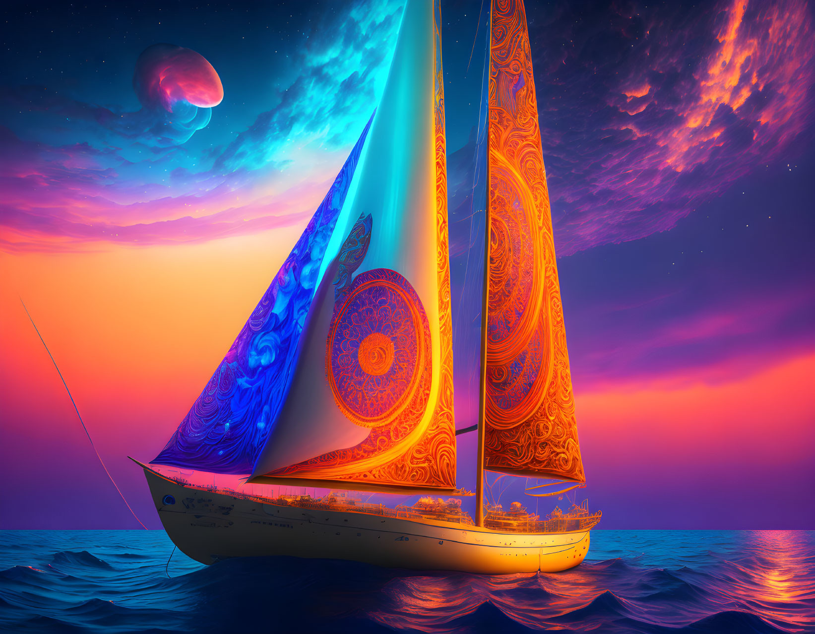 Ornate sailboat on tranquil waters under vibrant sky