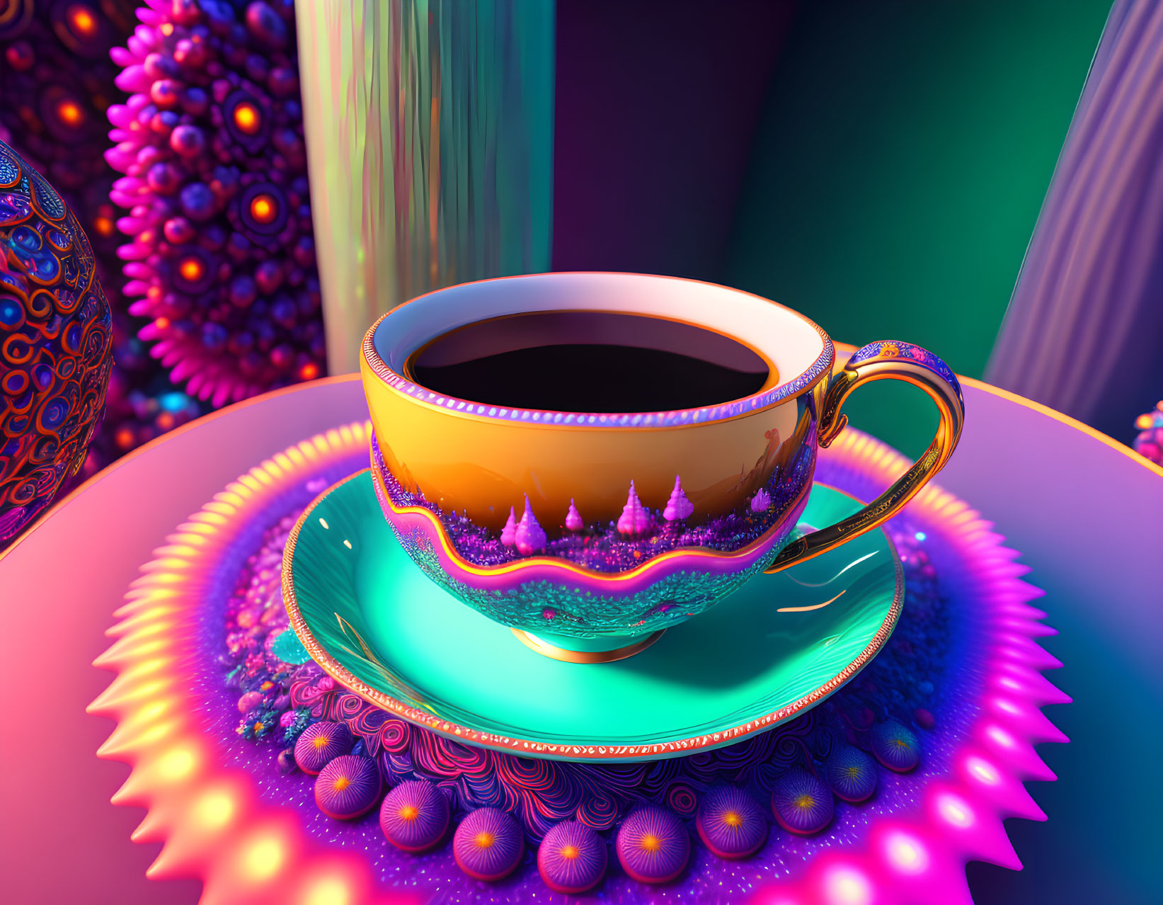 Colorful Digital Artwork: Decorated Cup and Swirling Patterns