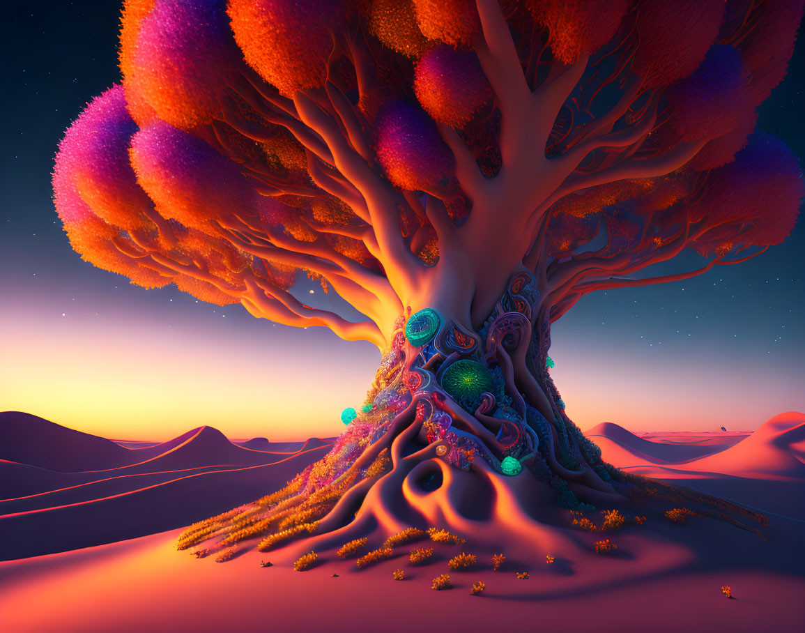 Colorful desert tree with purple foliage and neon patterns at dusk