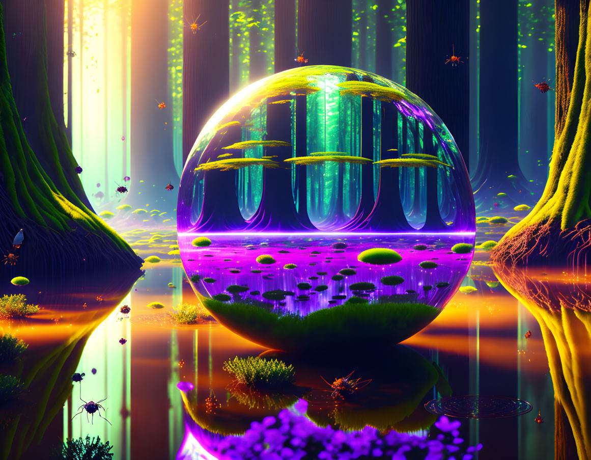 Fantasy forest with glowing sphere, psychedelic flora, ethereal lighting, and misty waters