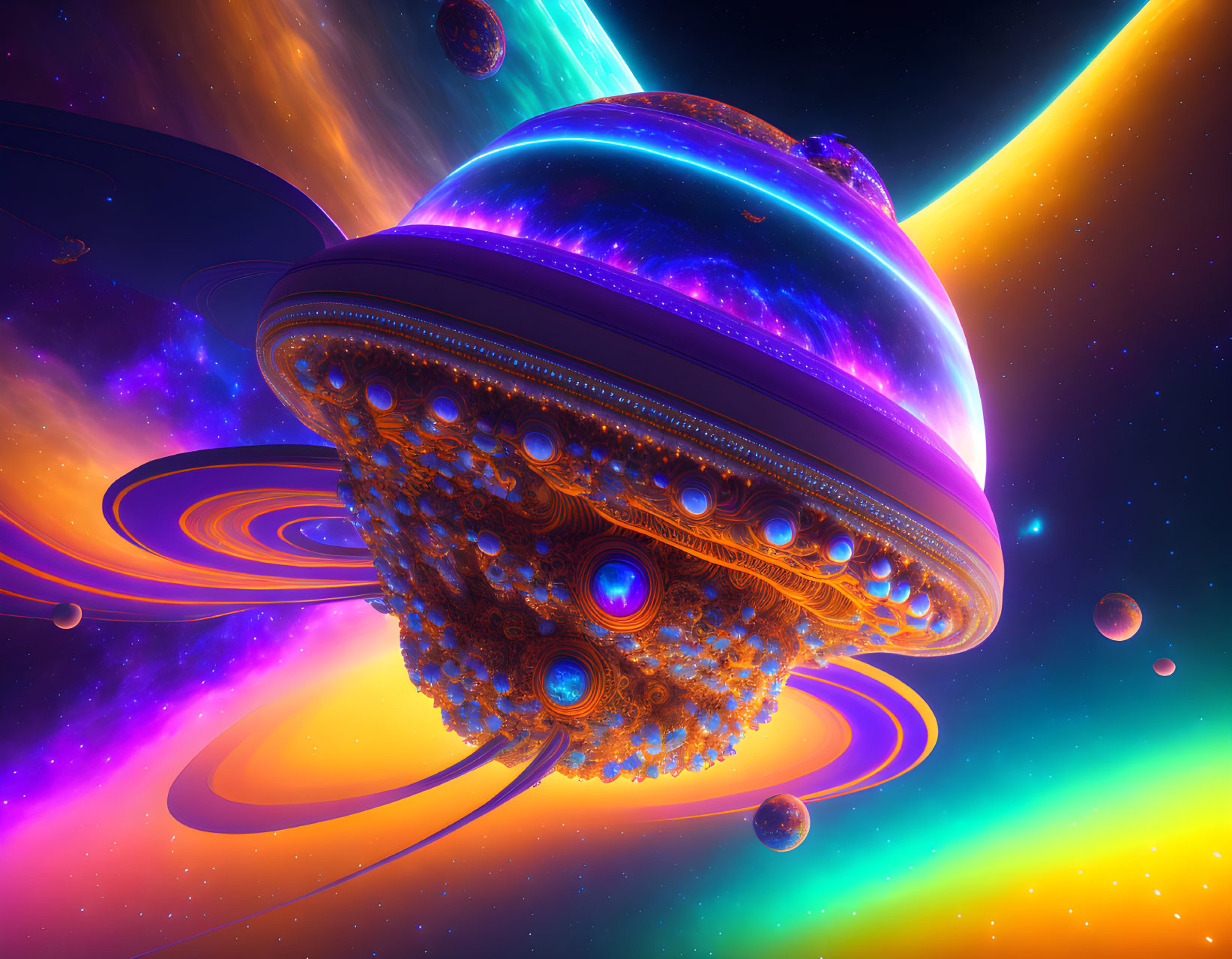 Detailed Sci-Fi Scene: Futuristic Spaceship, Colorful Planets, Cosmic Nebulae