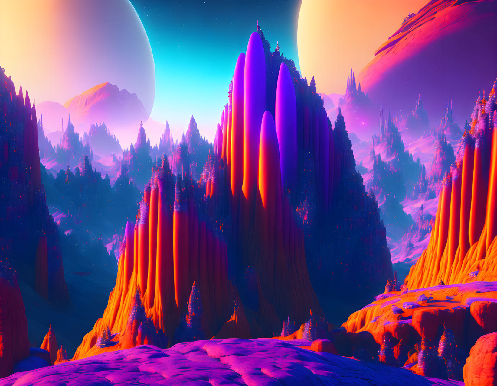 Colorful alien landscape with rock formations, orange and purple hues, and dual moons.