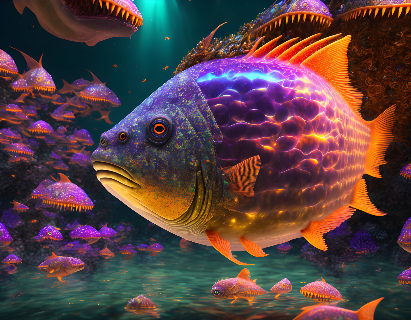 Colorful oversized fish surrounded by smaller luminescent fish in dark underwater scene