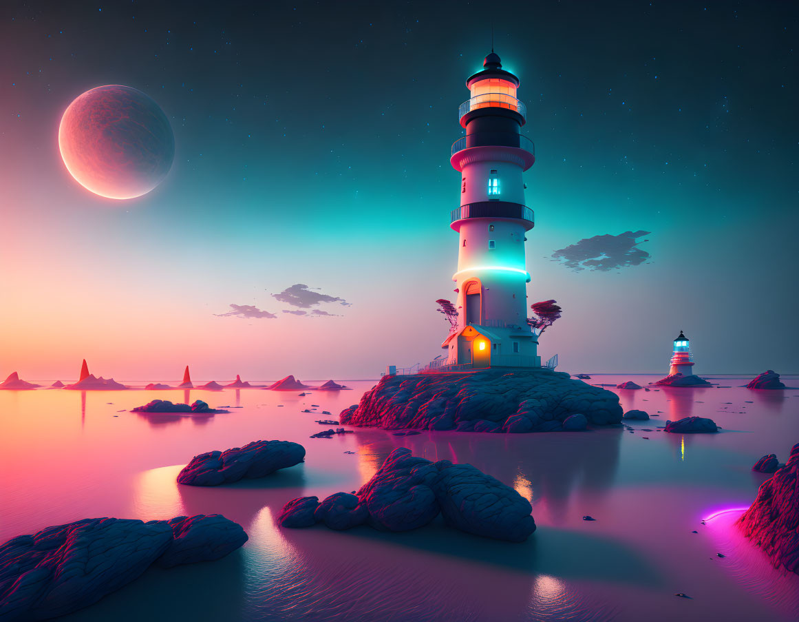 Surreal twilight scene with towering lighthouse on island