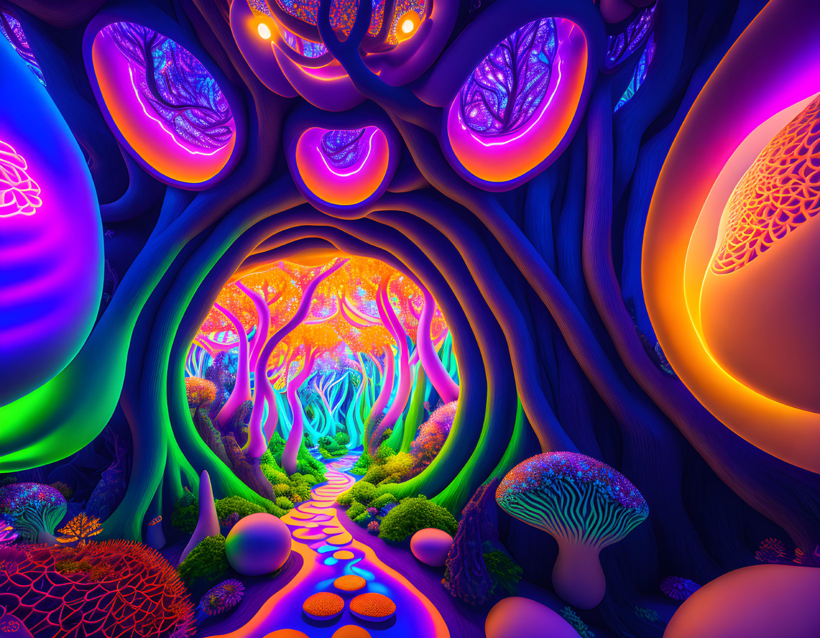 Psychedelic forest with neon colors and glowing flora