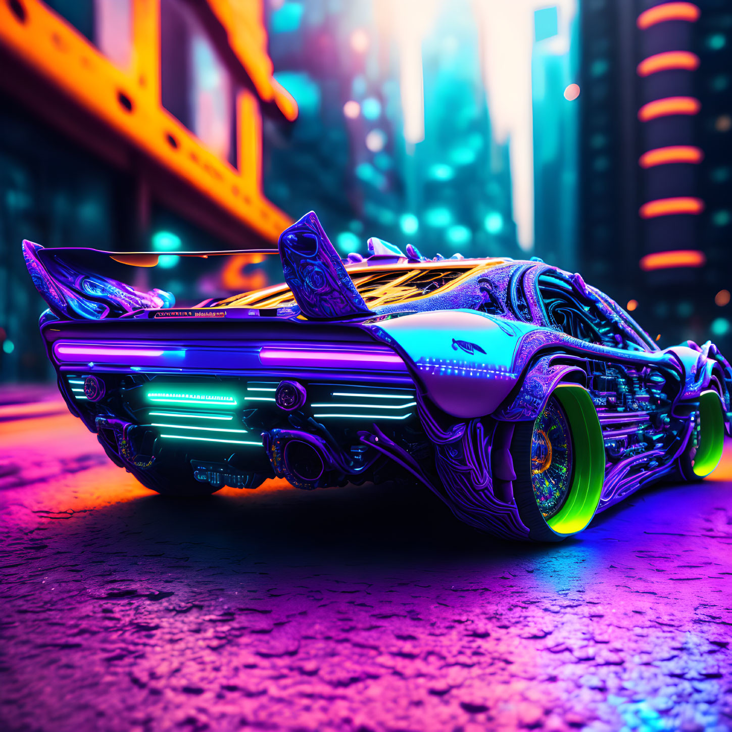 Futuristic car with glowing accents in neon-lit city street