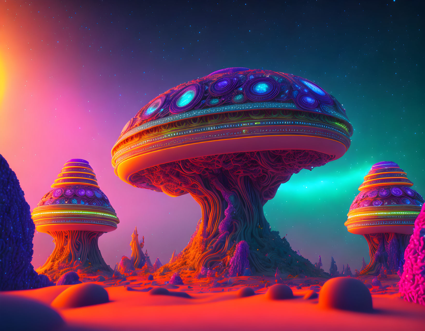 Alien landscape: Luminescent mushrooms under starry sky