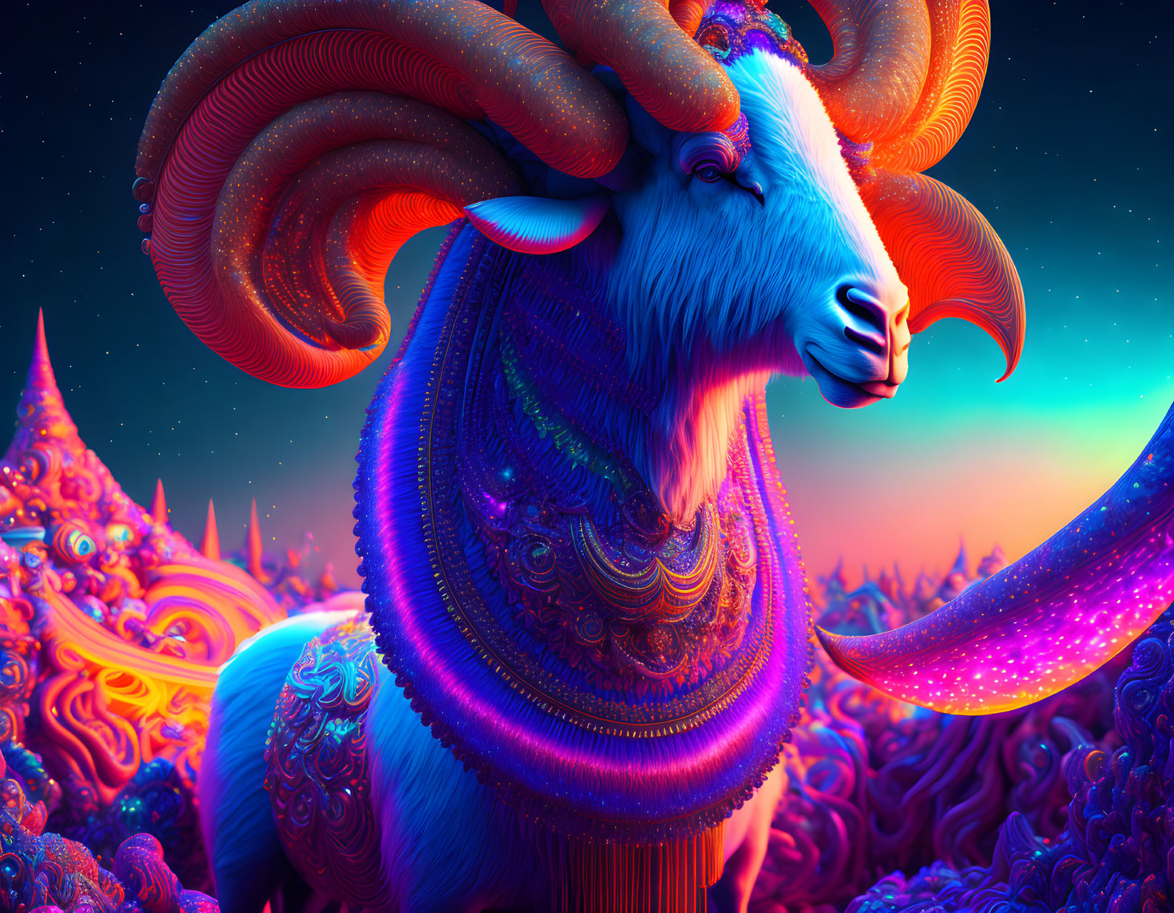 Colorful Psychedelic Ram Illustration with Glowing Horns