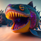 Colorful Digital Art: Oversized Fish with Sharp Teeth in Water Landscape