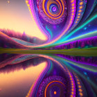 Colorful Fractal Illustration with Mirrored Surface and Gradient Sky