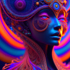 Colorful digital artwork: Woman in ornate mask and headdress with neon palette & concentric circles