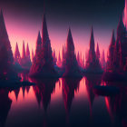 Surreal vibrant landscape with stylized trees and gradient sky.