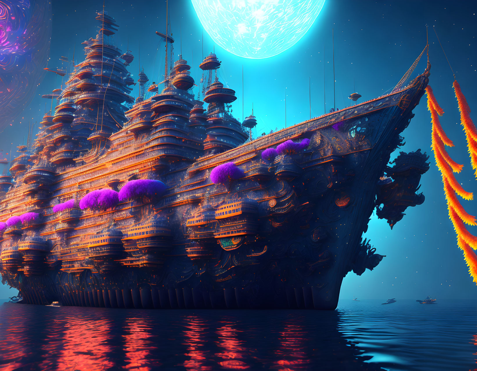 Fantastical spaceship resembling ancient galleon on tranquil ocean under alien sky