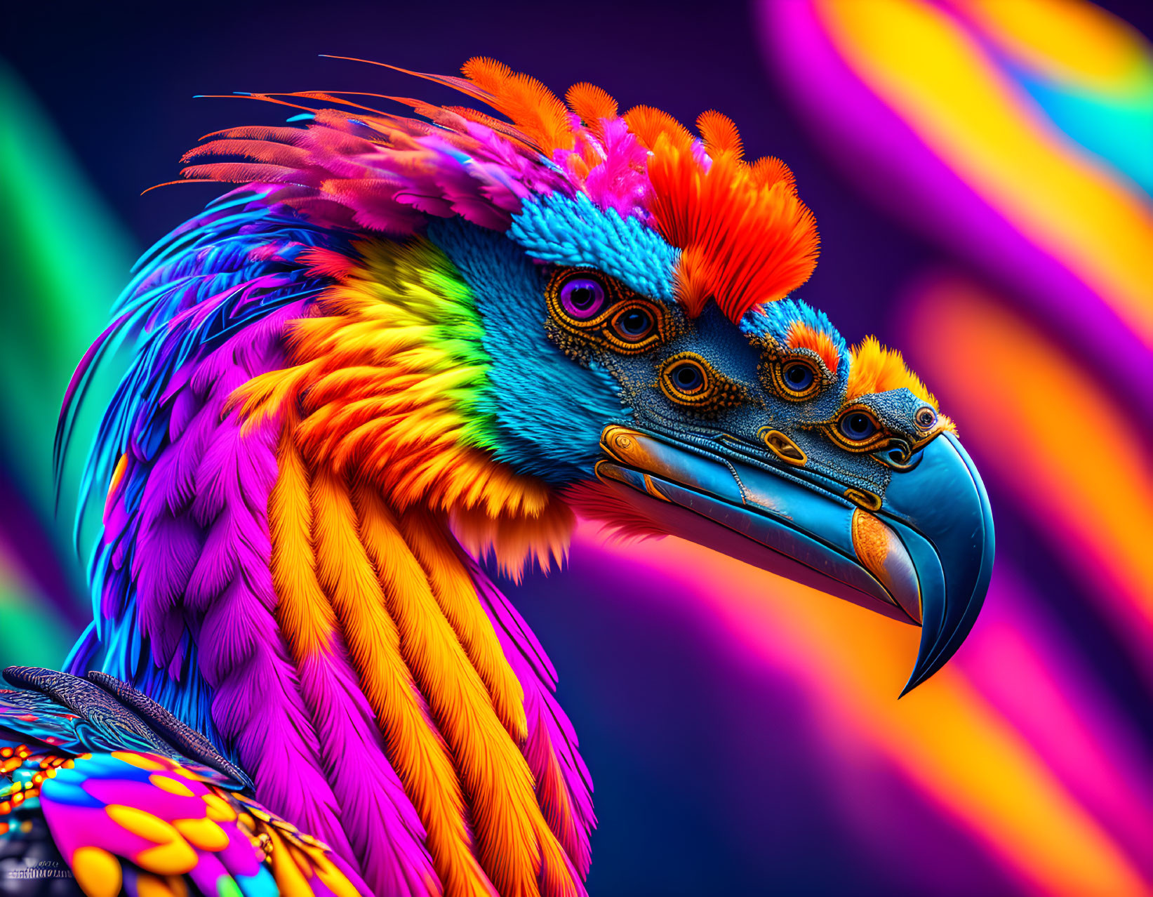 Colorful Digital Artwork: Bird with Rainbow Hues and Blue Beak