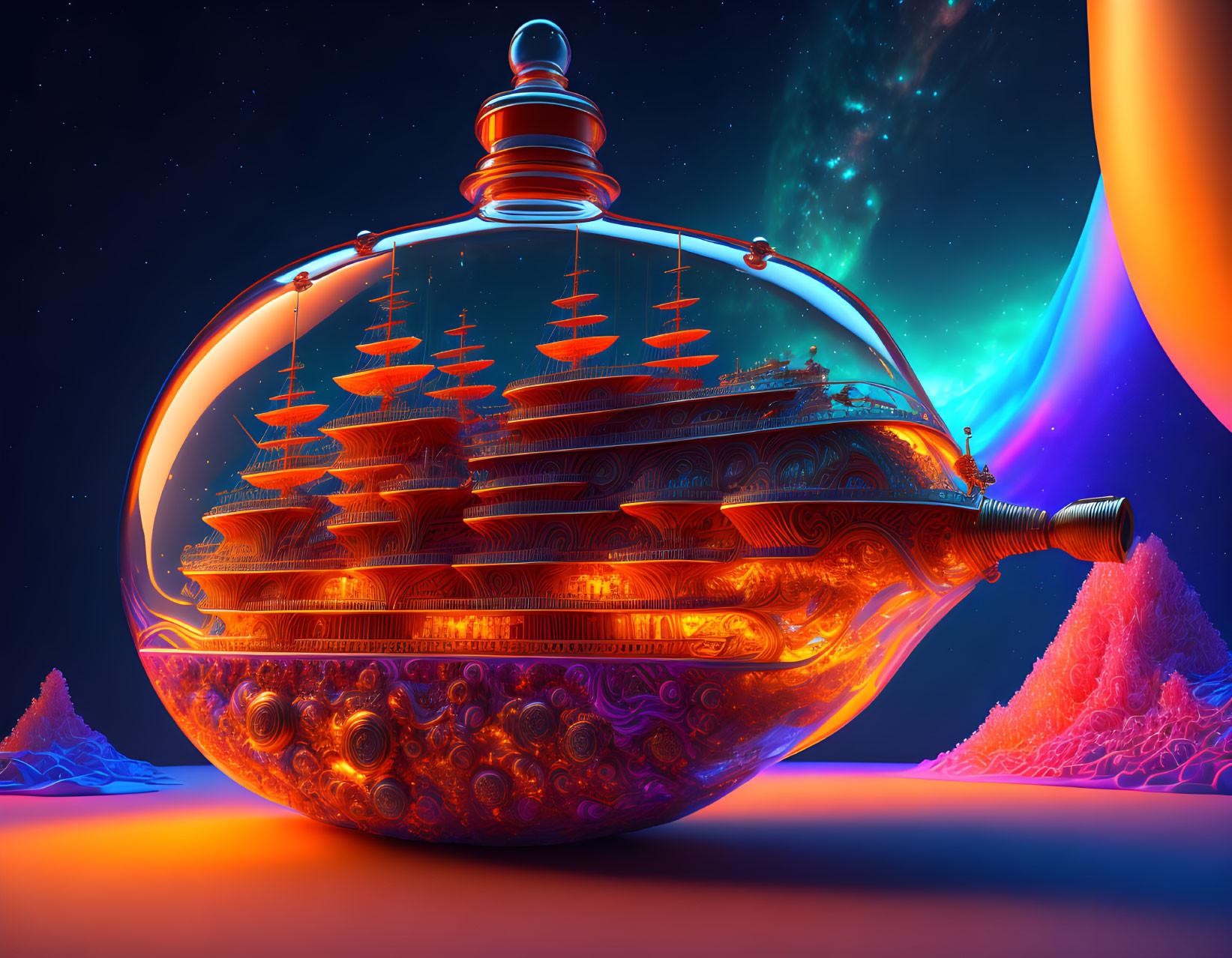 Vibrant ship in a bottle against cosmic neon backdrop