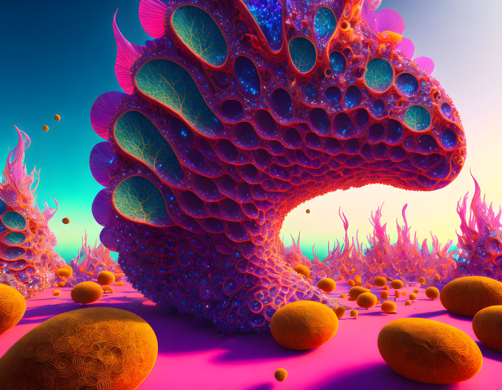 Colorful alien landscape with coral-like creature, intricate patterns, spherical objects, teal and pink sky.