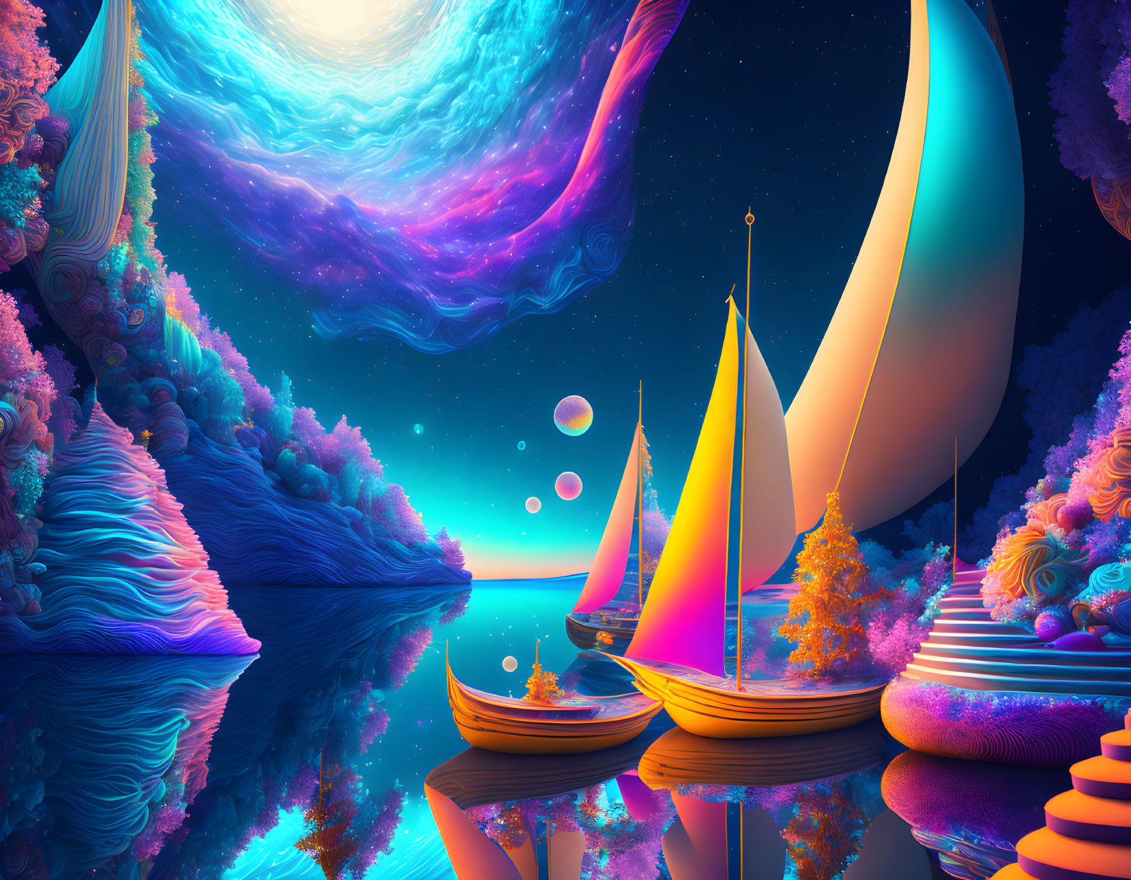 Fantastical Landscape with Sailboats on Calm Sea