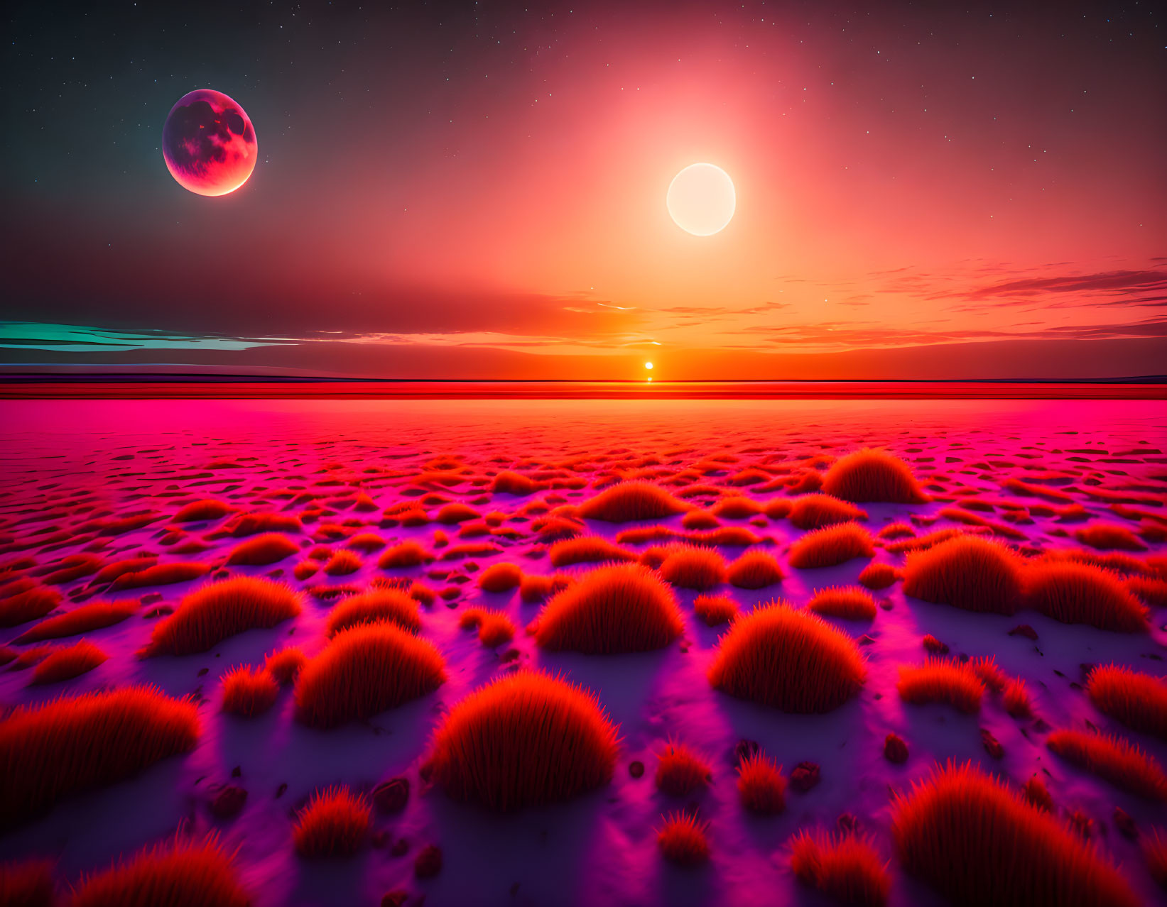 Vivid Pink Sky with Celestial Bodies and Grass Mounds