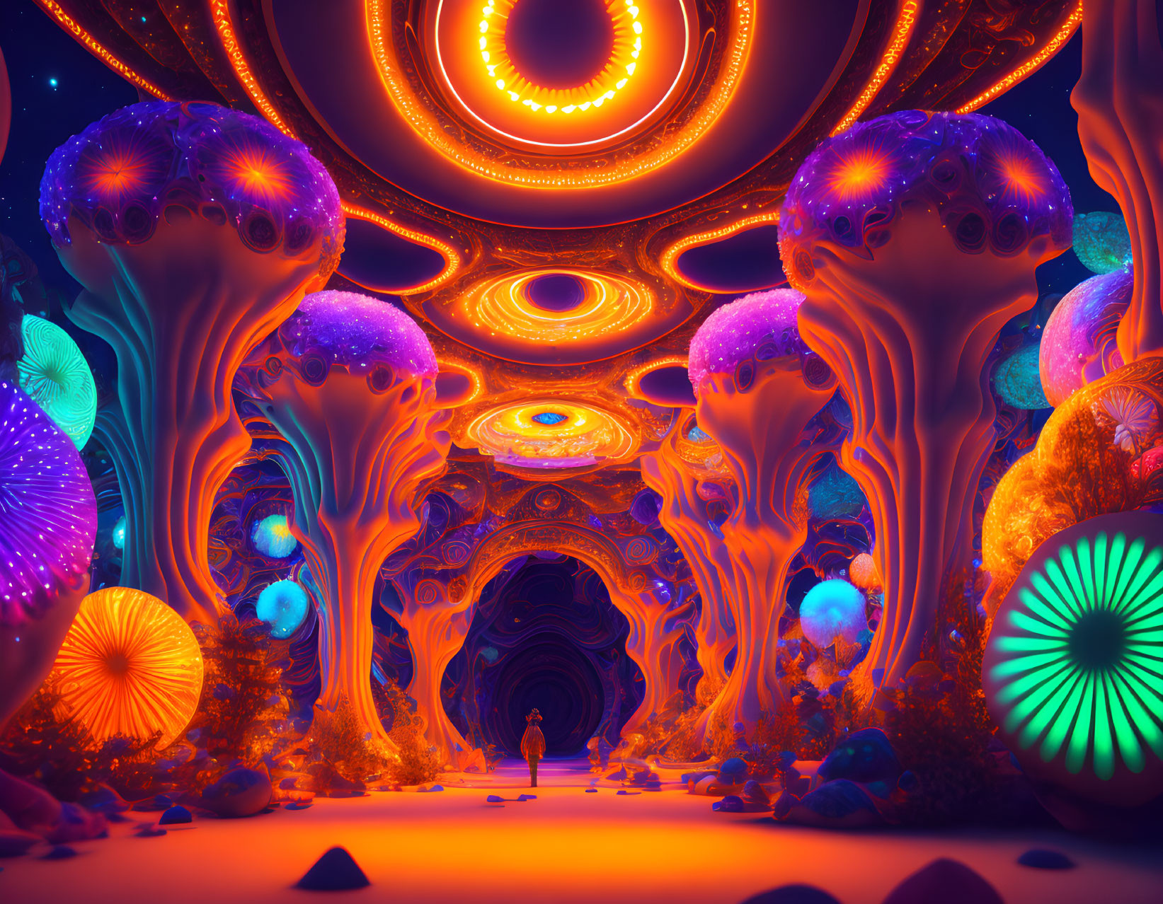 Vibrant psychedelic world with glowing trees and ornate ceiling