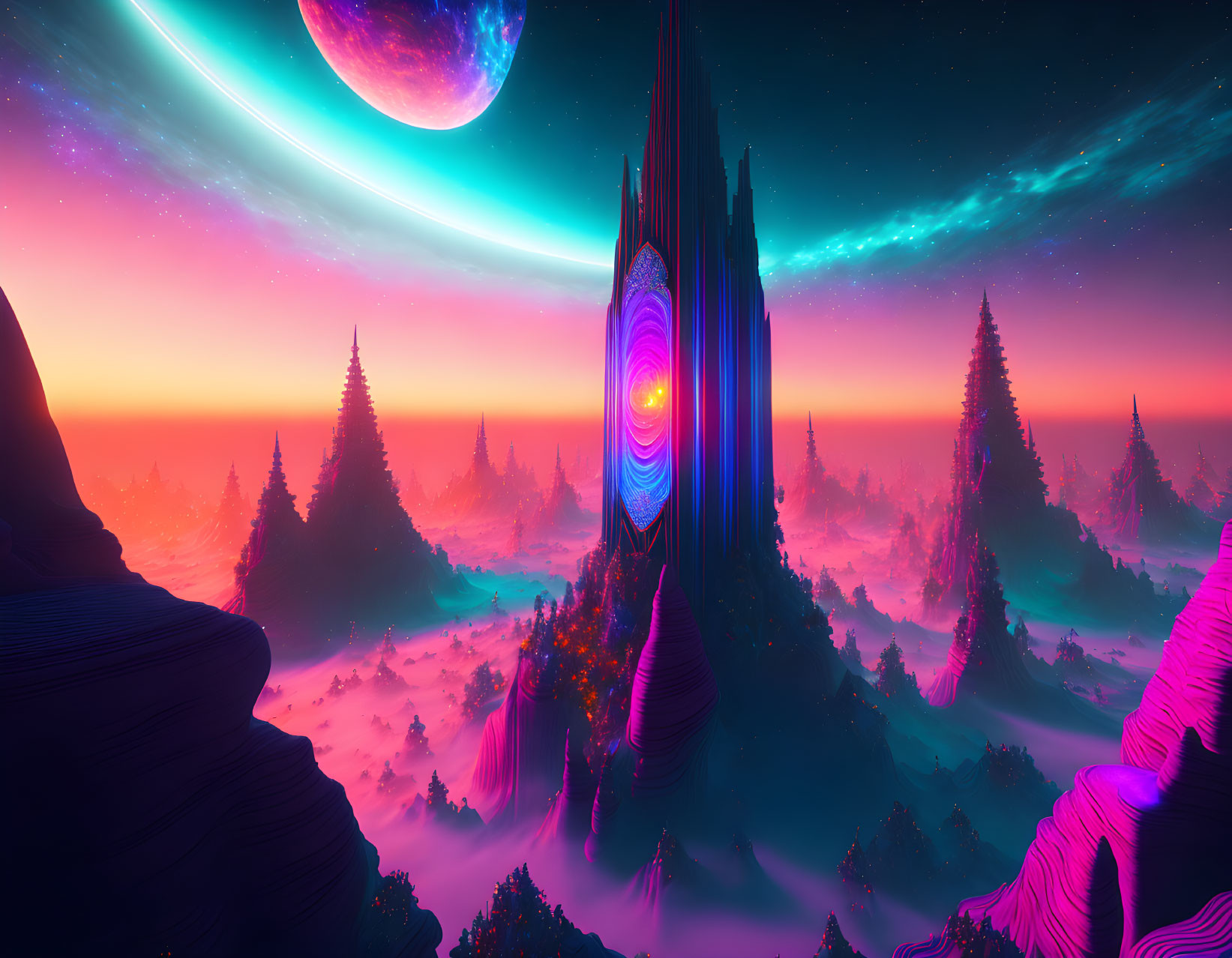 Large Ringed Planet Over Sci-Fi Landscape with Neon Towers and Twilight Sky