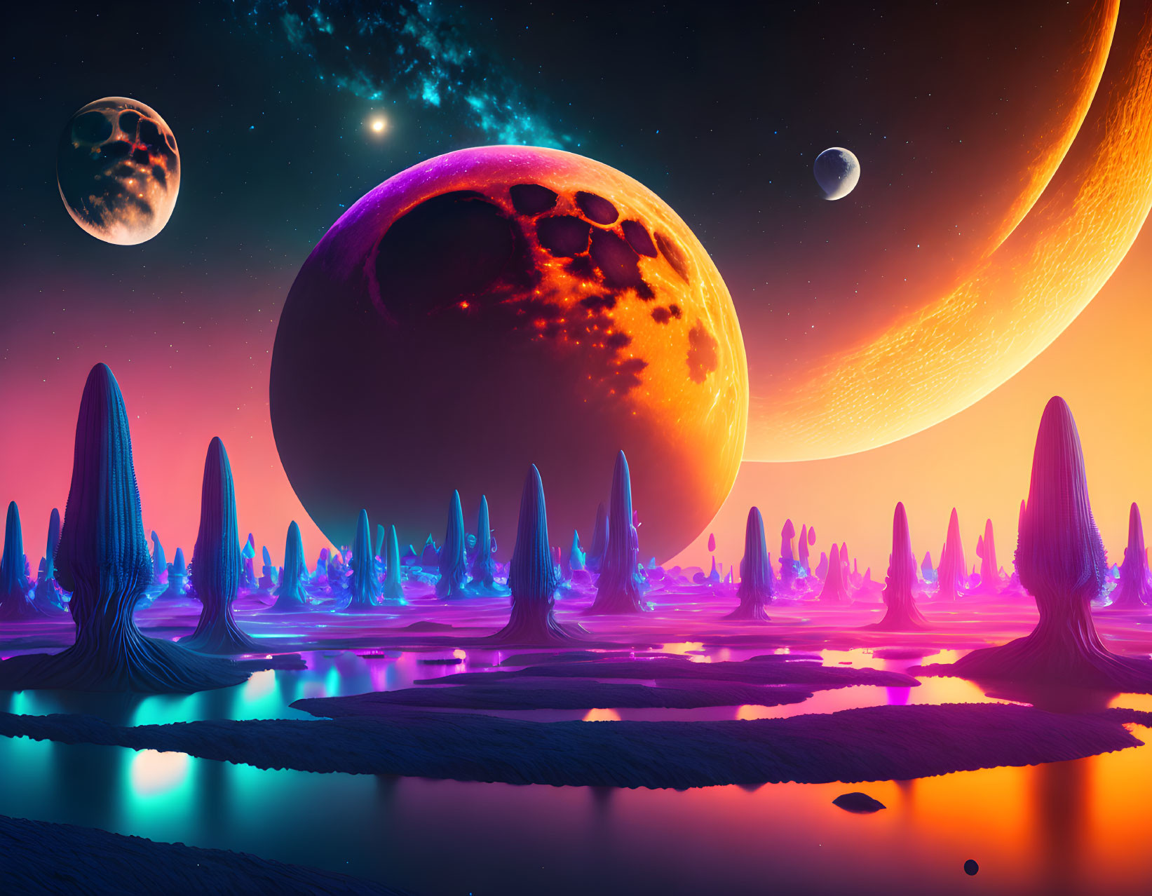 Alien trees, glowing rivers, celestial bodies in purple and orange sky