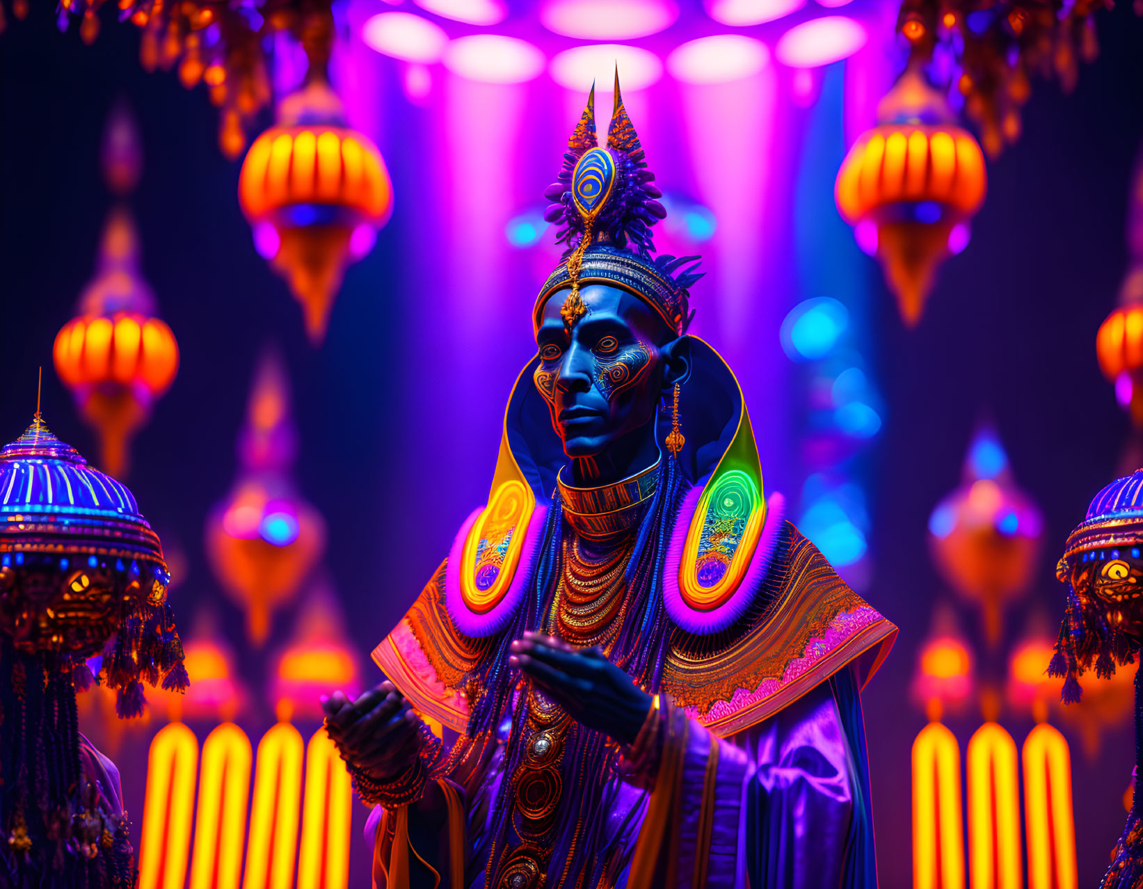 Colorful Ethnic Costume and Makeup Against Purple and Orange Lights