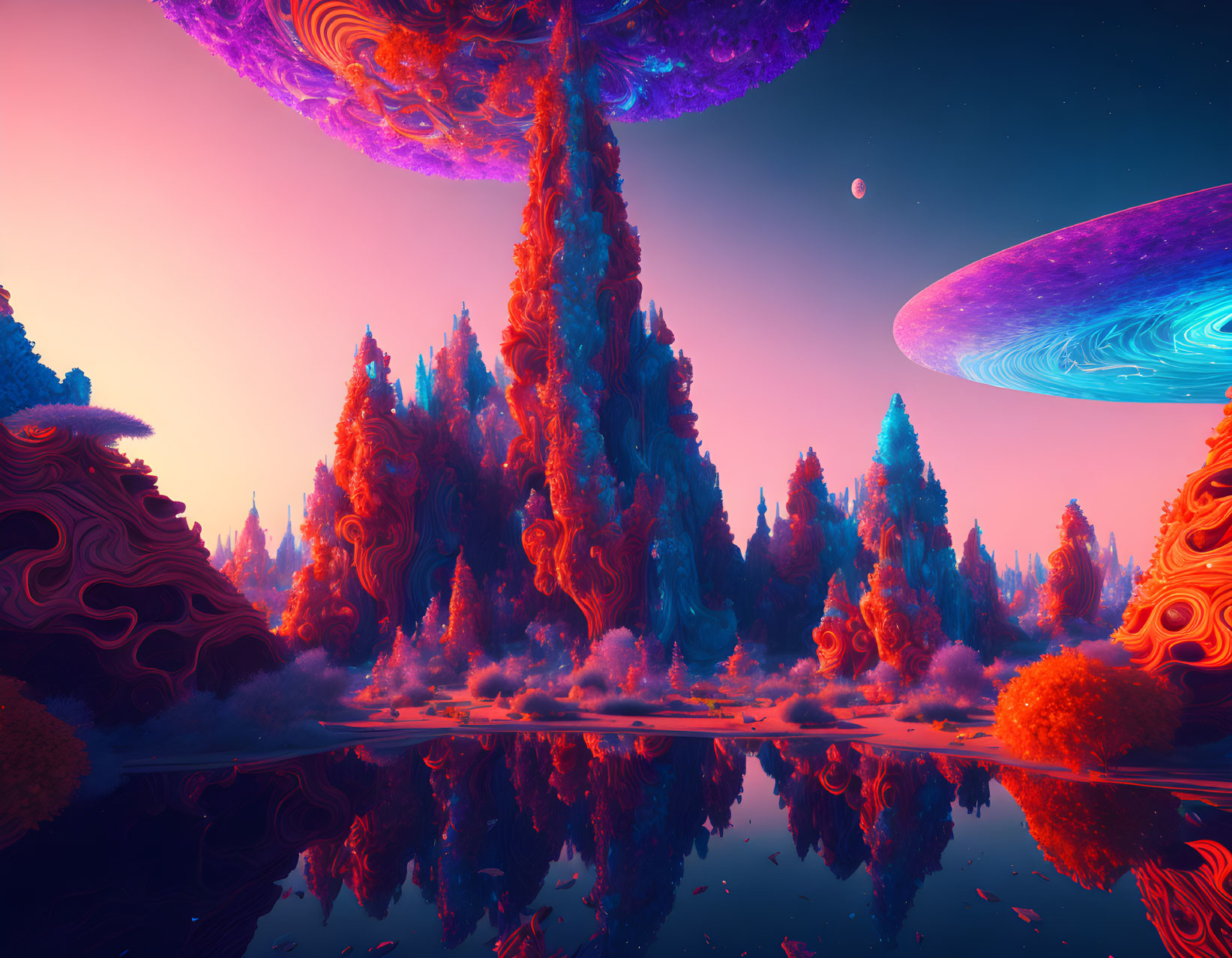 Vivid surreal landscape with orange-red coral-like structures & purple skies