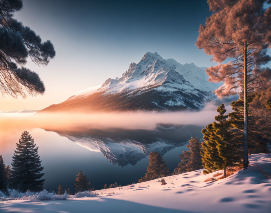 Snowy Winter Landscape: Lake, Mountain, Trees, Mist at Sunset