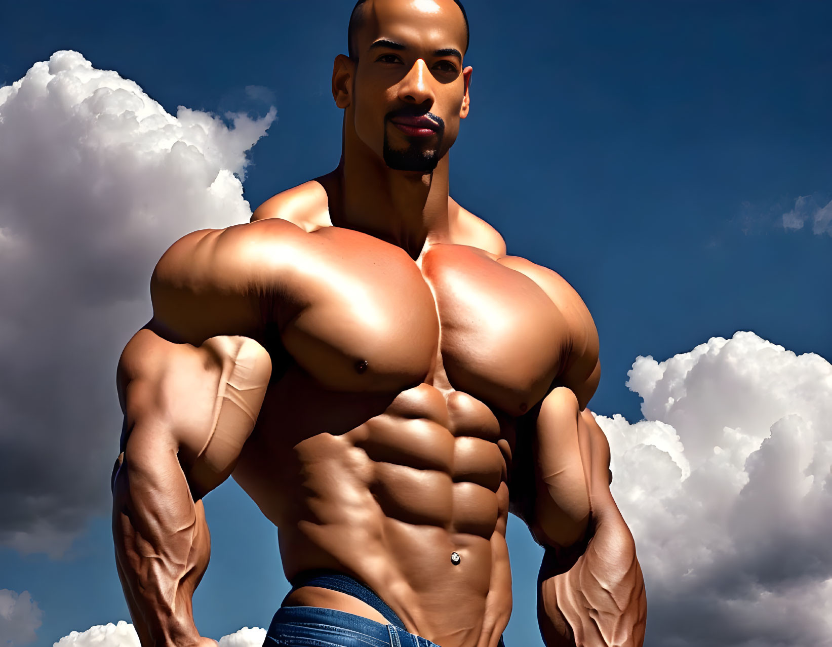 Muscular Figure Posing Against Blue Sky and Clouds