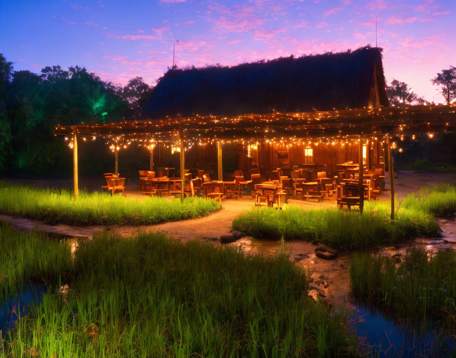 Rustic outdoor dining area with thatched-roof structures and string lights