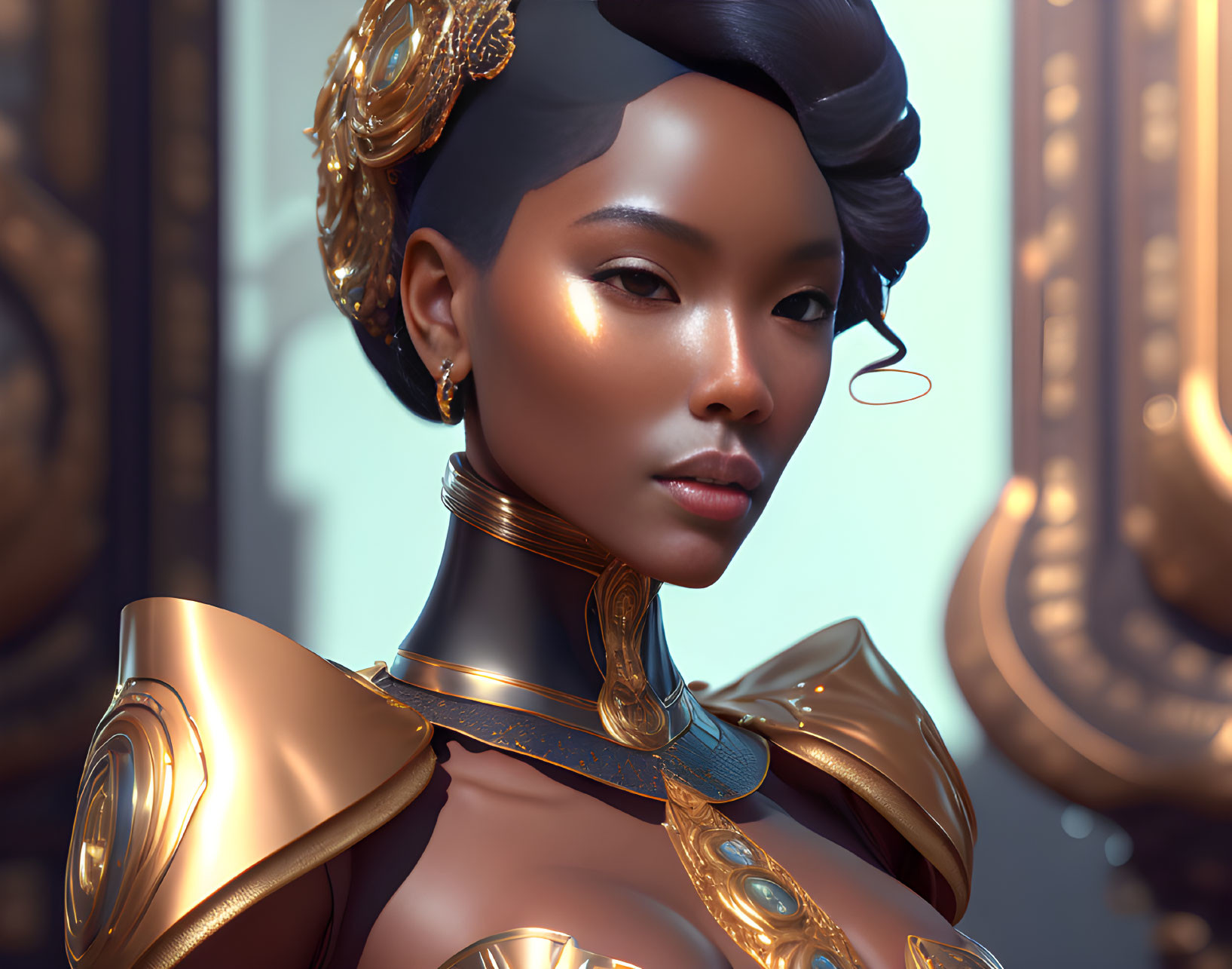 Woman in Golden Armor with Futuristic Hairstyle: Digital Art Portrait