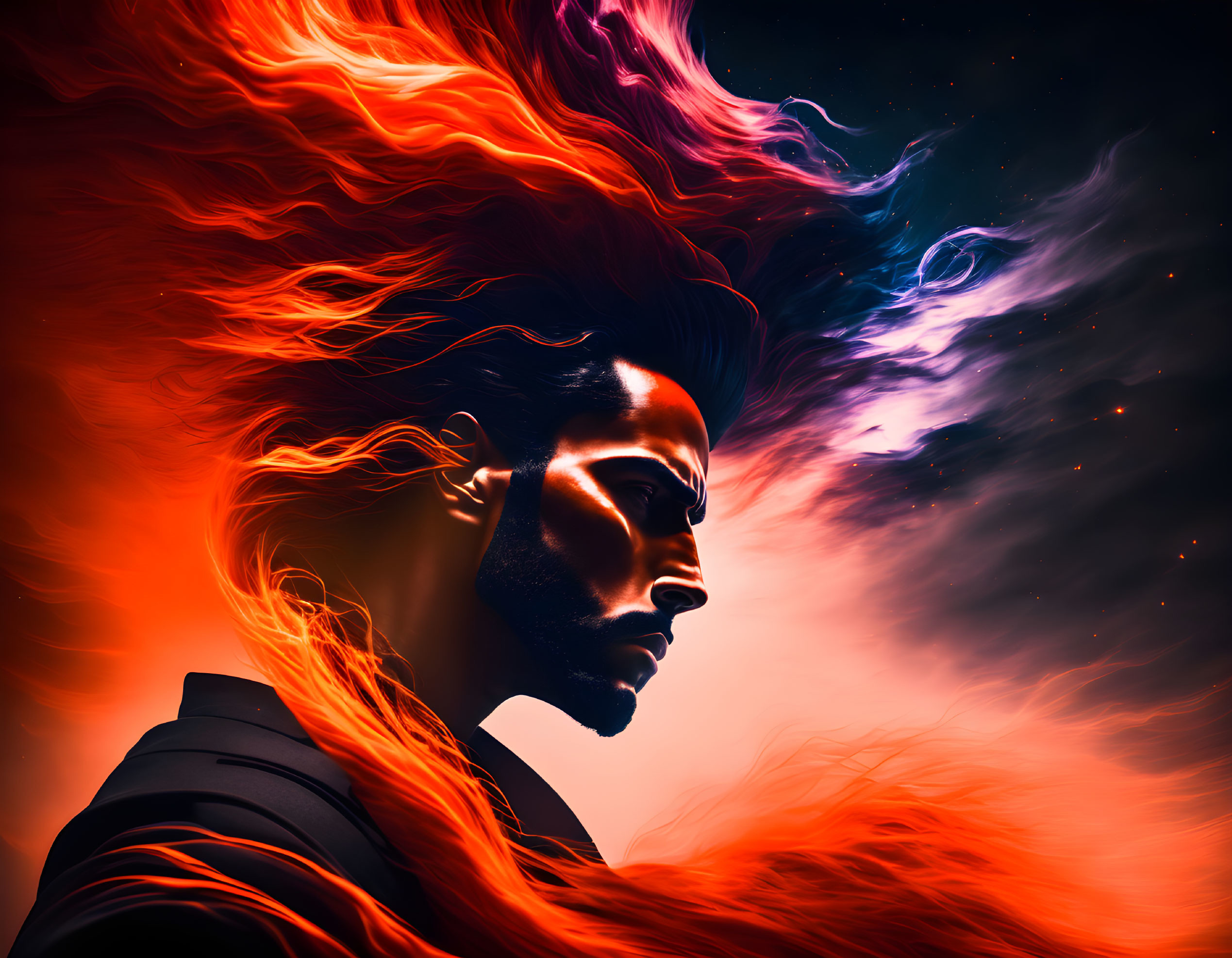 Fiery Orange Hair Profile Against Cosmic Background