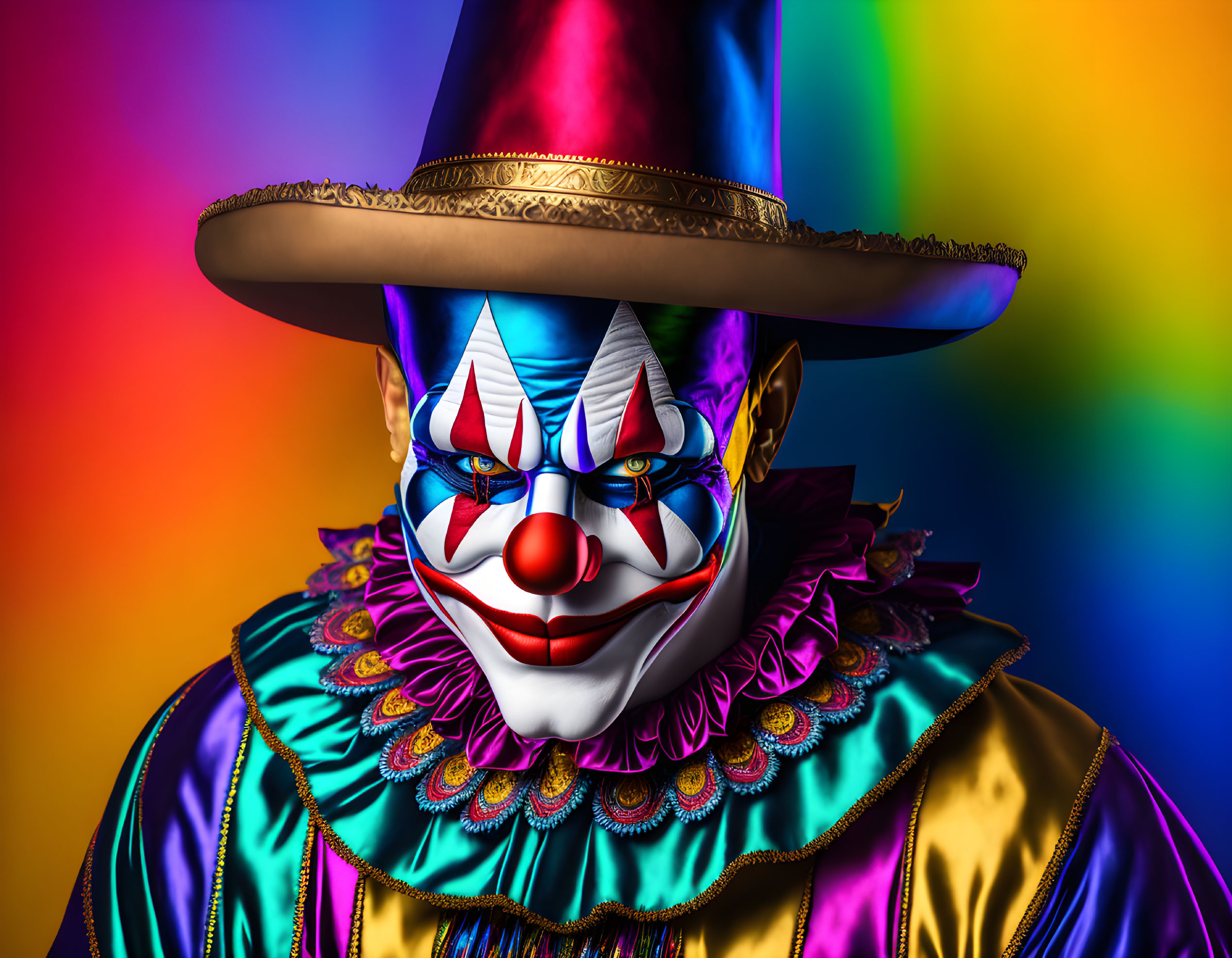 Colorful clown with vibrant face paint and costume against rainbow backdrop.