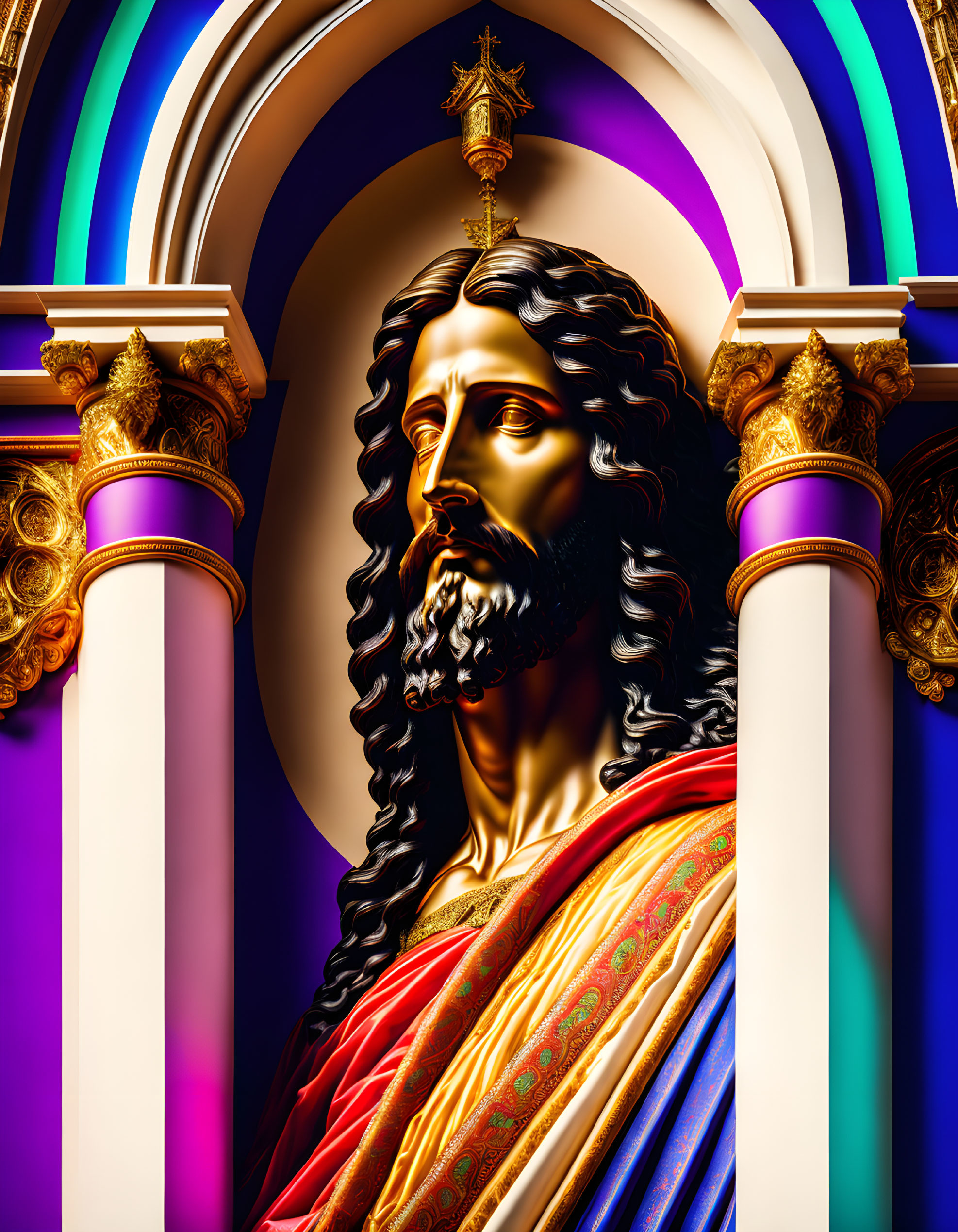 Vibrant golden figure with long hair in front of colorful arches in red and blue robe.