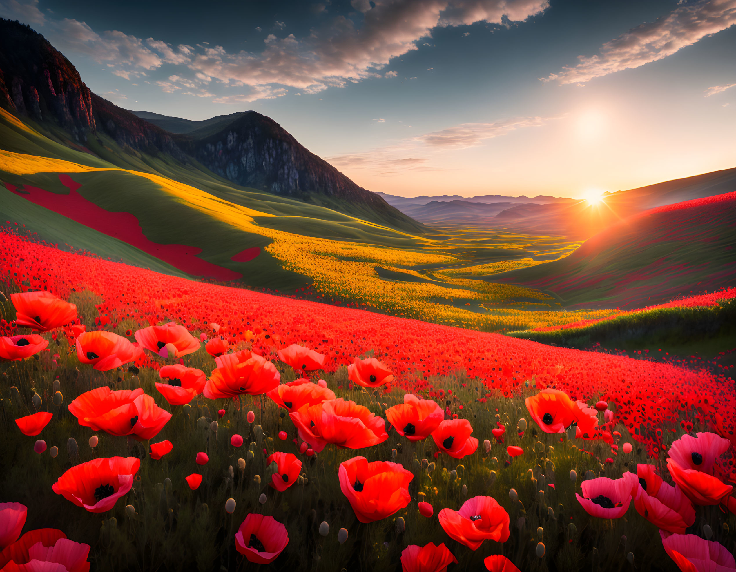 Colorful Sunset Landscape with Red Poppies and Rolling Hills